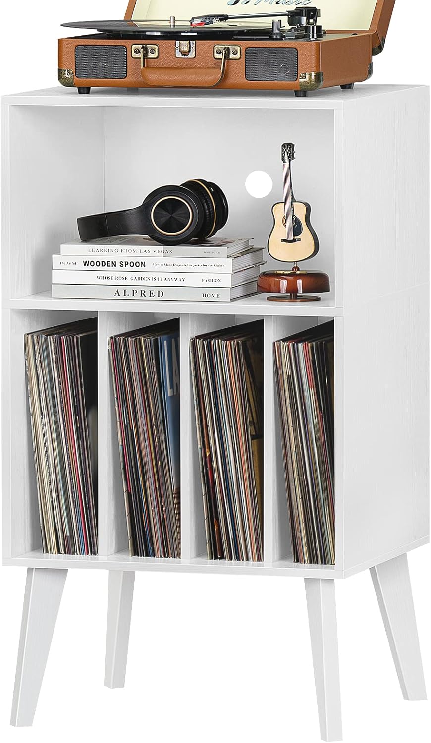 Record Player Stand with Vinyl Storage, Holds 160 Albums, Solid Wood Legs, Mid-Century Modern Design for Bedroom & Living Room