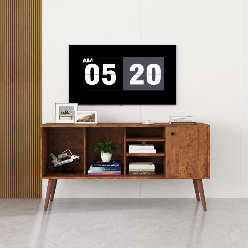 Walnut Brown TV Stand for Living Room, Modern Cabinet with 1 Storage and 3 Open Shelves, Fits 50–59 Inch TVs