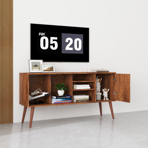Walnut Brown TV Stand for Living Room, Modern Cabinet with 1 Storage and 3 Open Shelves, Fits 50–59 Inch TVs