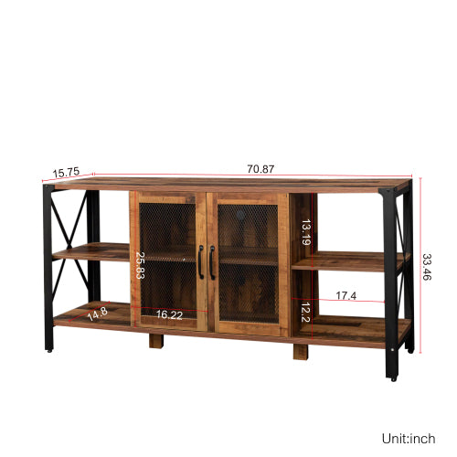 Industrial TV Stand for Living Room, Farmhouse Entertainment Center for 80 Inch TV, Walnut Wood and Metal Bookshelf Style Cabinet