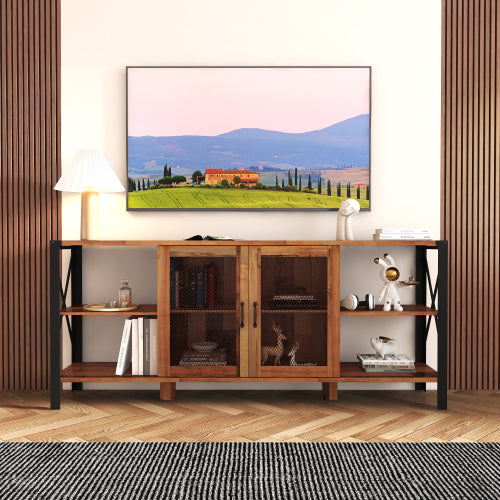 Industrial TV Stand for Living Room, Farmhouse Entertainment Center for 80 Inch TV, Walnut Wood and Metal Bookshelf Style Cabinet
