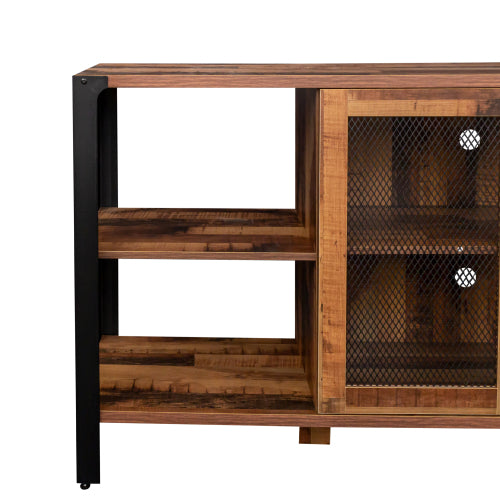 Industrial TV Stand for Living Room, Farmhouse Entertainment Center for 80 Inch TV, Walnut Wood and Metal Bookshelf Style Cabinet