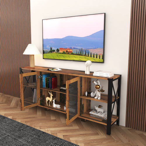 Industrial TV Stand for Living Room, Farmhouse Entertainment Center for 80 Inch TV, Walnut Wood and Metal Bookshelf Style Cabinet