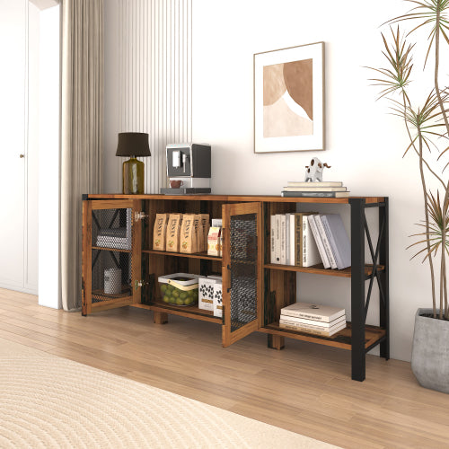 Industrial TV Stand for Living Room, Farmhouse Entertainment Center for 80 Inch TV, Walnut Wood and Metal Bookshelf Style Cabinet