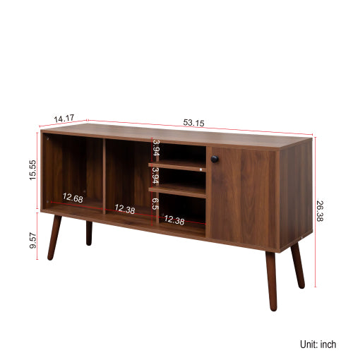 Walnut TV Stand with Storage Cabinet and 3 Open Shelves, Fits 50-59 Inch TVs