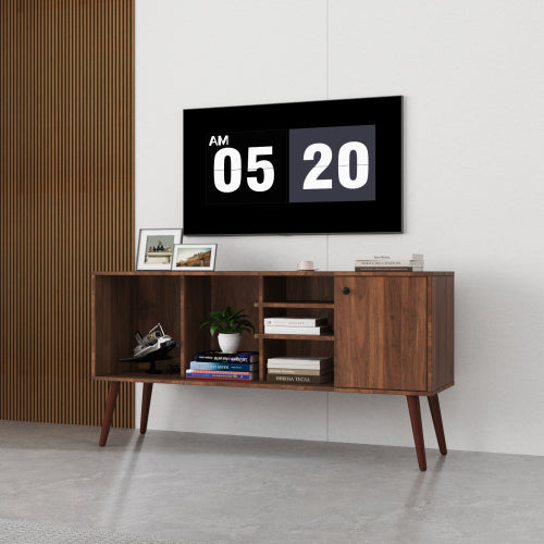 Walnut TV Stand with Storage Cabinet and 3 Open Shelves, Fits 50-59 Inch TVs