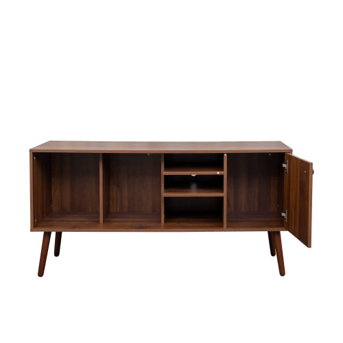 Walnut TV Stand with Storage Cabinet and 3 Open Shelves, Fits 50-59 Inch TVs