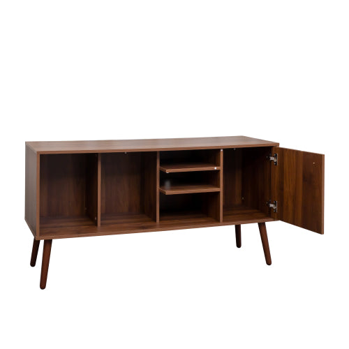Walnut TV Stand with Storage Cabinet and 3 Open Shelves, Fits 50-59 Inch TVs