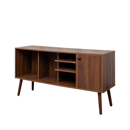 Walnut TV Stand with Storage Cabinet and 3 Open Shelves, Fits 50-59 Inch TVs