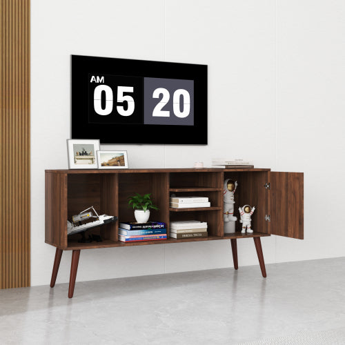 Walnut TV Stand with Storage Cabinet and 3 Open Shelves, Fits 50-59 Inch TVs