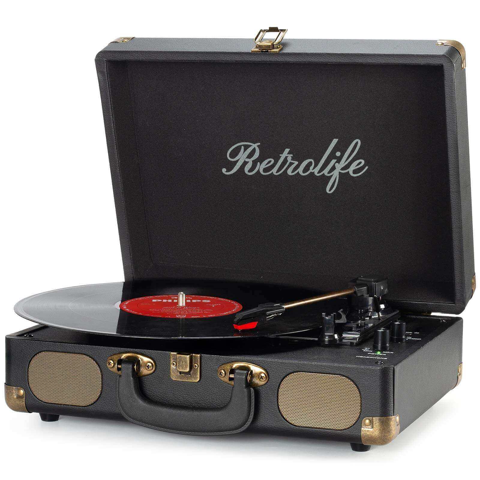 Portable Vinyl Record Player - Black 3-speed with Built-in Speakers by RETROLIFE