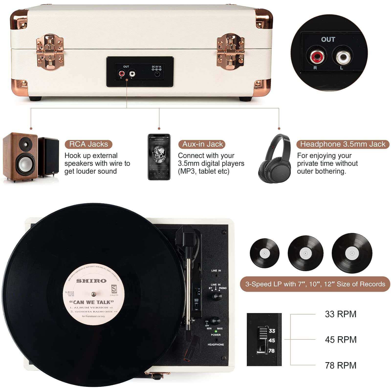 Suitcase Portable Vinyl Record Player, White R609