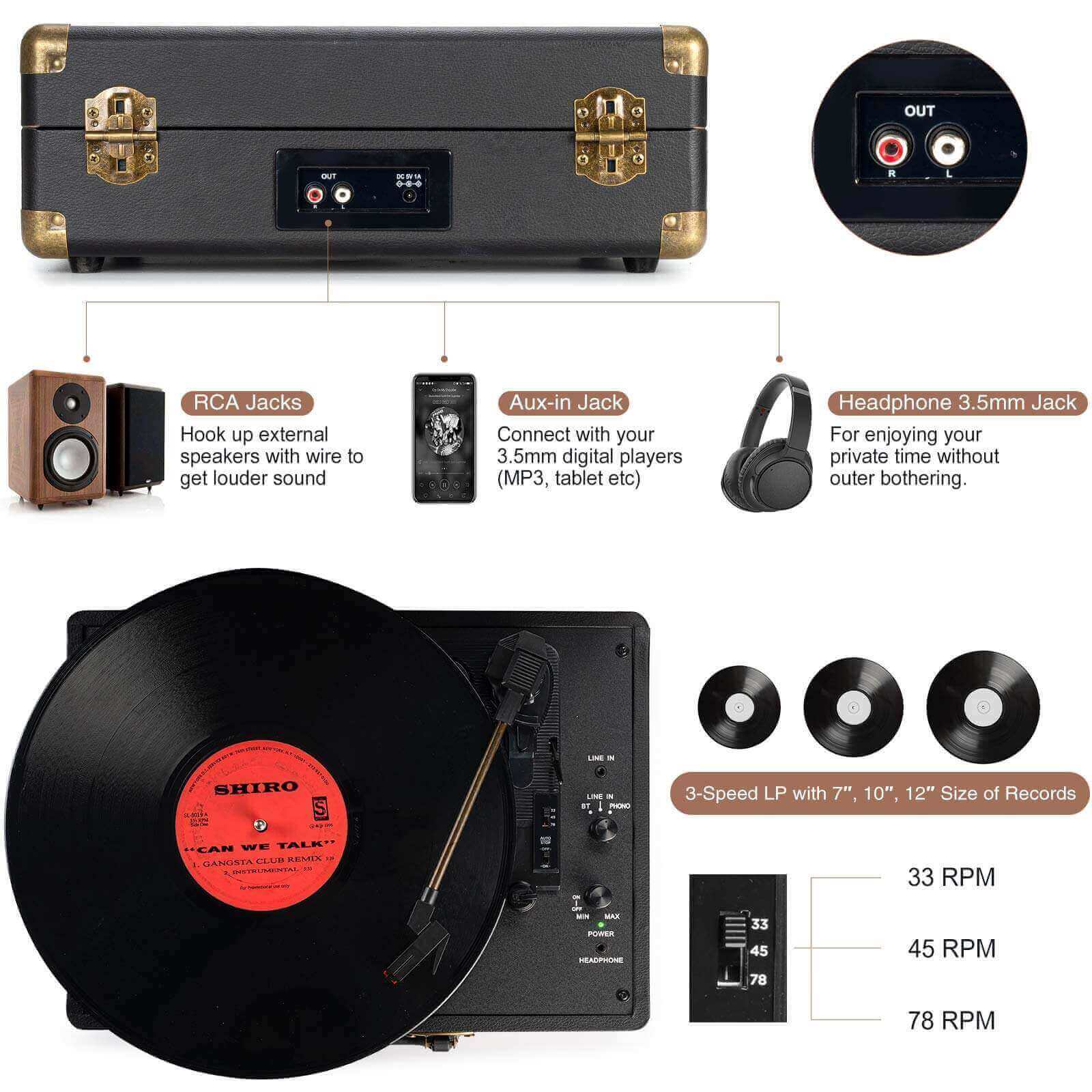 Portable Vinyl Record Player - Black 3-speed with Built-in Speakers by RETROLIFE