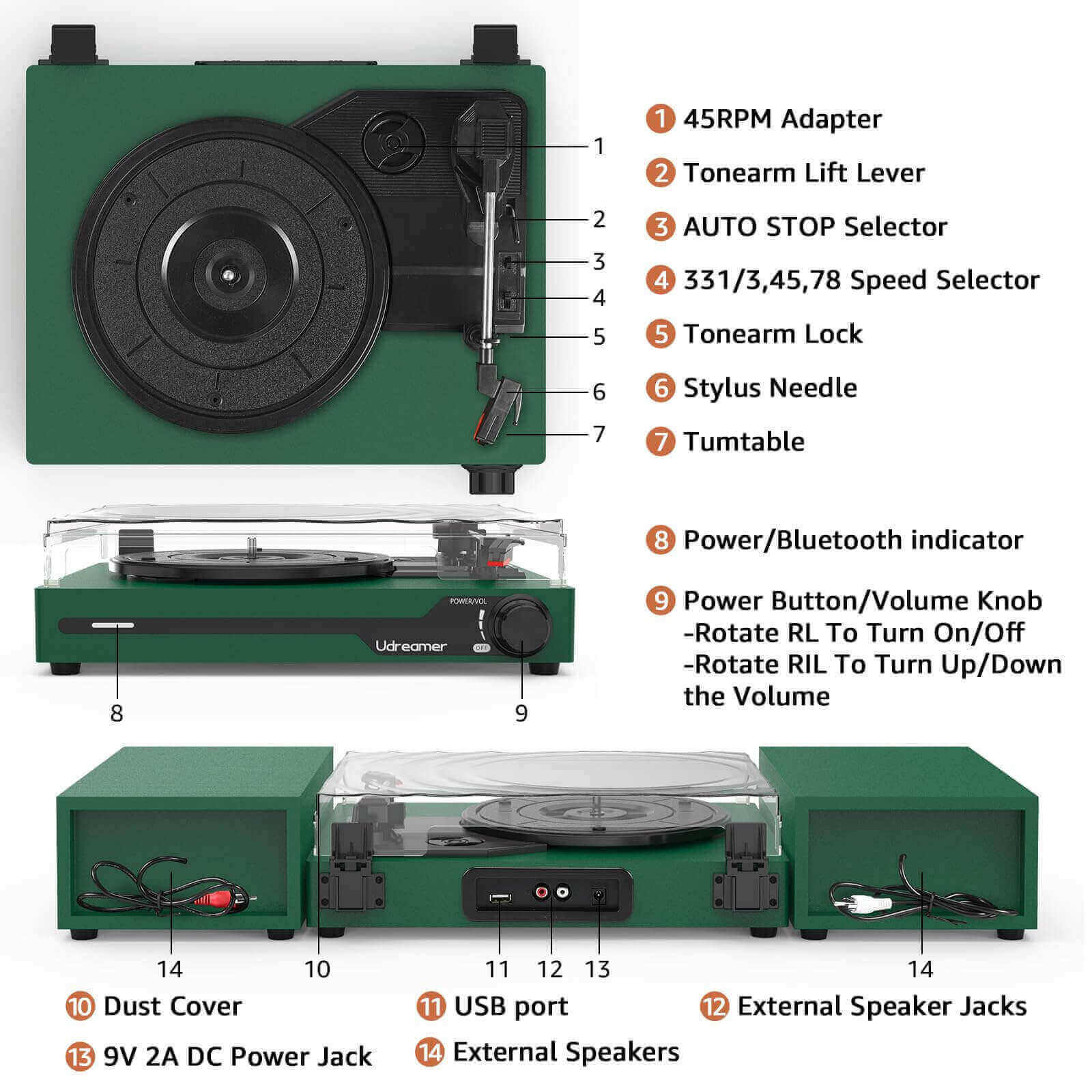 Vinyl Turntable with Dual External Speakers, UD012