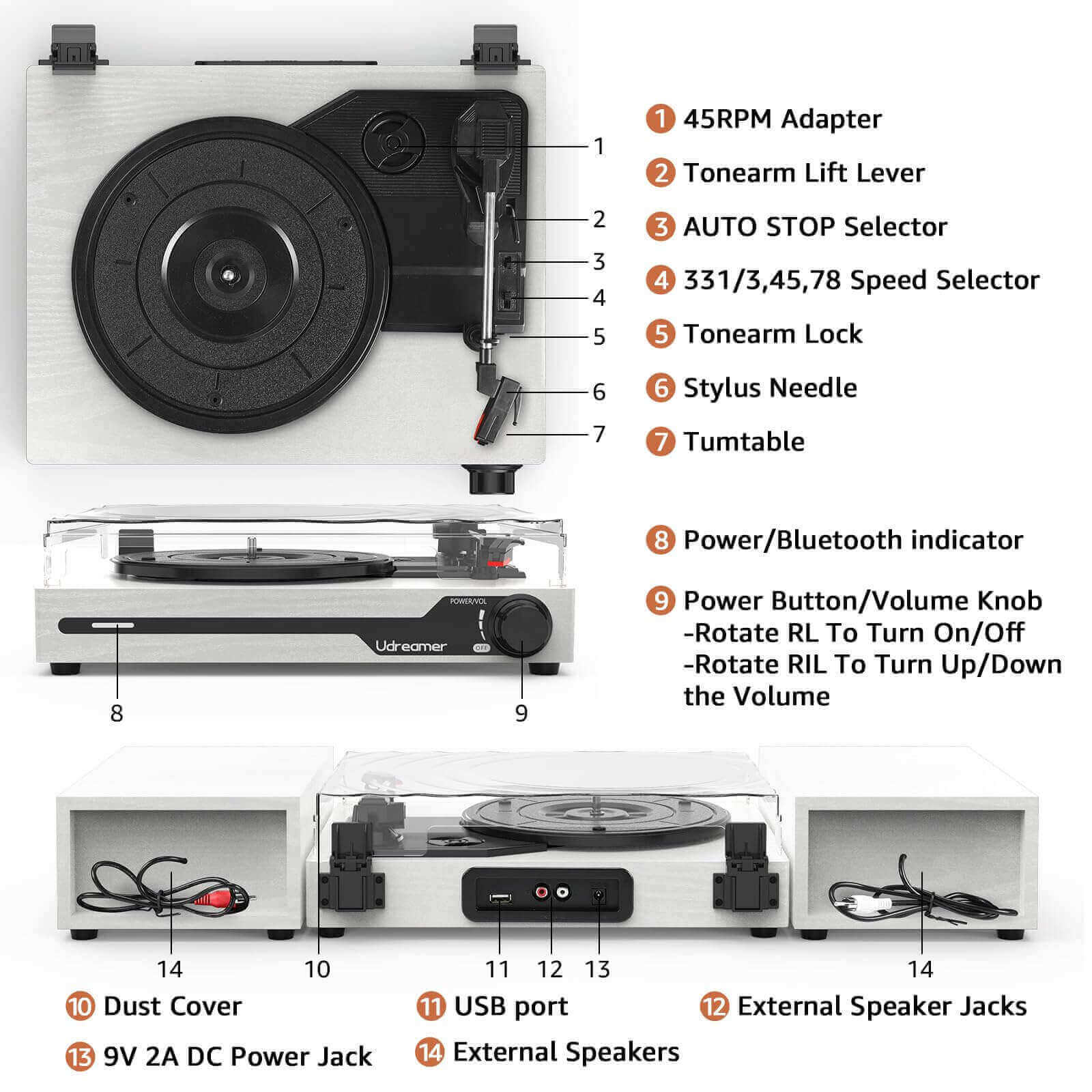 Vinyl Turntable with Dual External Speakers, UD012