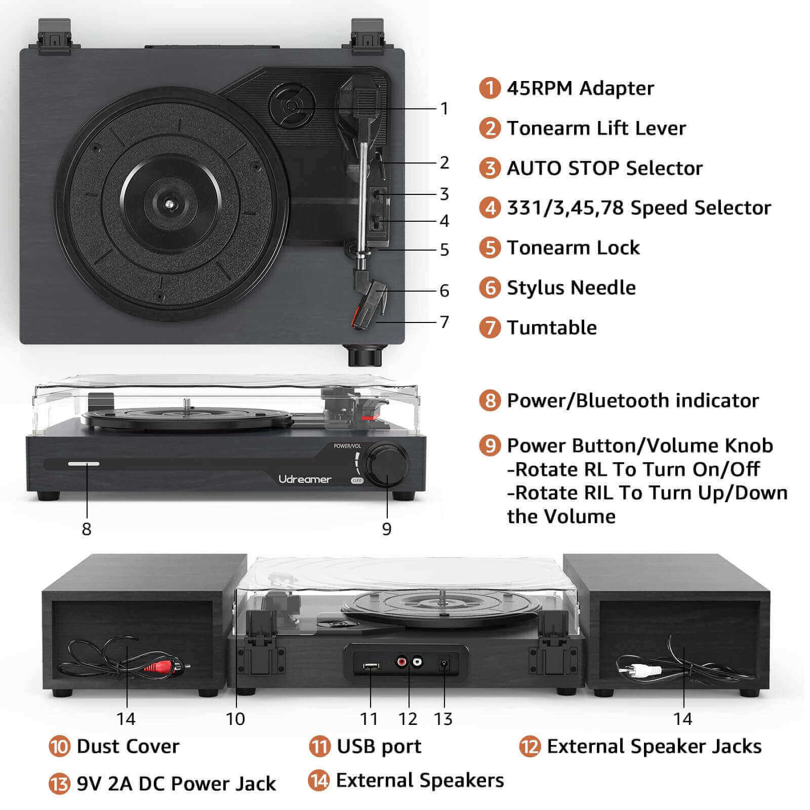 Vinyl Turntable with Dual External Speakers, UD012