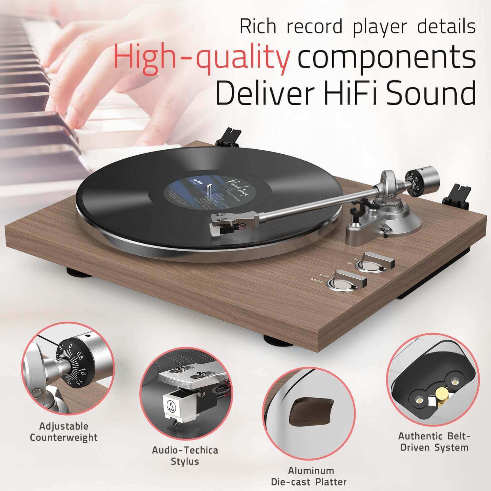 Bluetooth Turntable with High Fidelity Sound - Light Brown, MM Cartridge by Retrolife